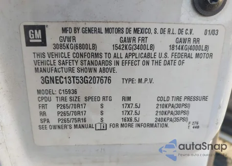 2003 Chevrolet Avalanche 1500 из США, поврежденный, VIN 3GNEC13T53G207676